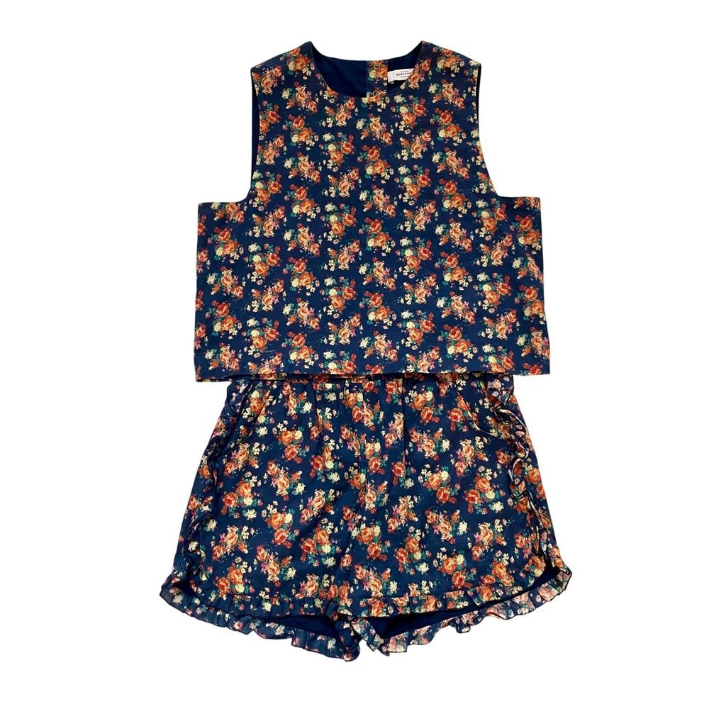 Roseanna‎ Paris Floral 2 Piece Set Crop Top Ruffle Shorts Navy Blue Cotton FR 38